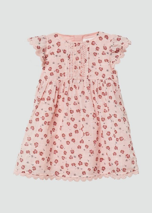 Ausgestelltes Baumwoll-Kleid mit Flügelärmeln und Spitzenbesatz