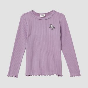 Geripptes Langarmshirt mit Spitzen- und Stickdetail