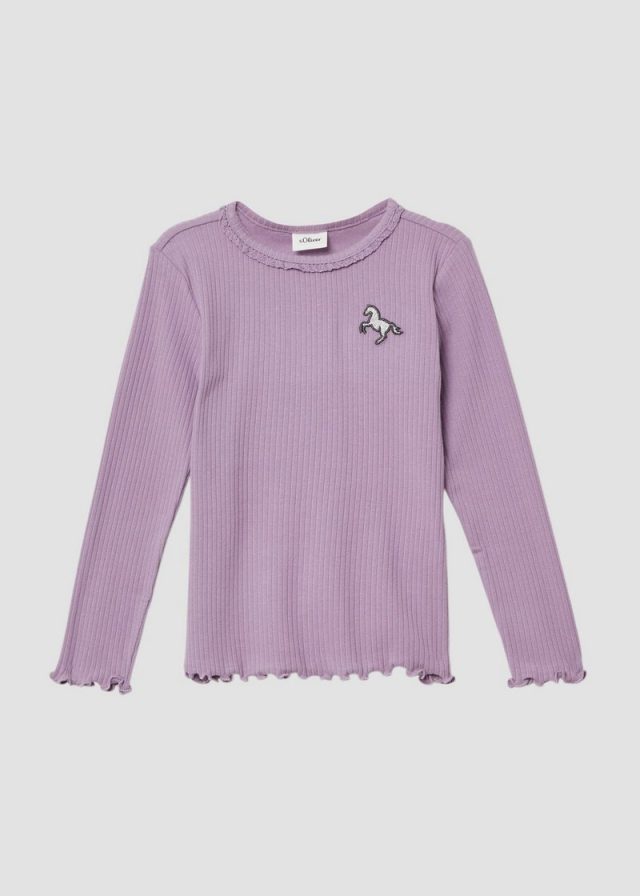 Geripptes Langarmshirt mit Spitzen- und Stickdetail