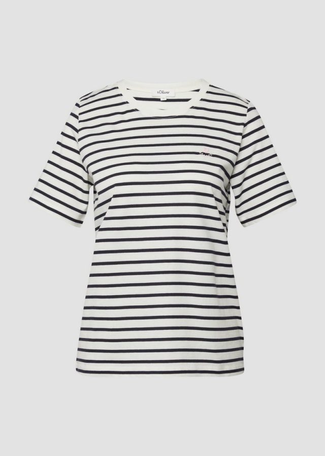Gestreiftes Jersey-T-Shirt mit Herz-Stickerei