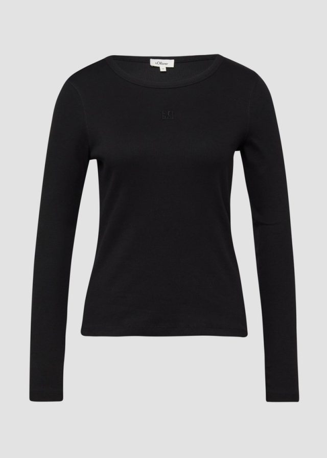 Geripptes Langarmshirt im Slim Fit mit Stickerei