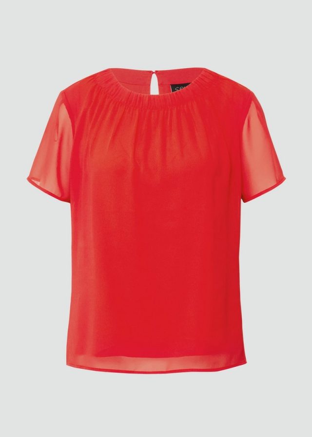 Kurzärmelige Chiffon-Bluse mit Rundhalsausschnitt und Raffung