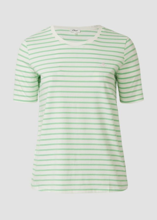 Gestreiftes Jersey-T-Shirt im Regular Fit mit Herz-Stickerei